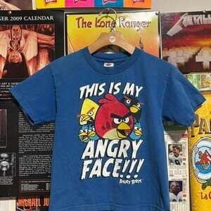 Vintage Angry Birds 'This Is My Angry Face' Blue Cotton Youth T-Shirt Size 8